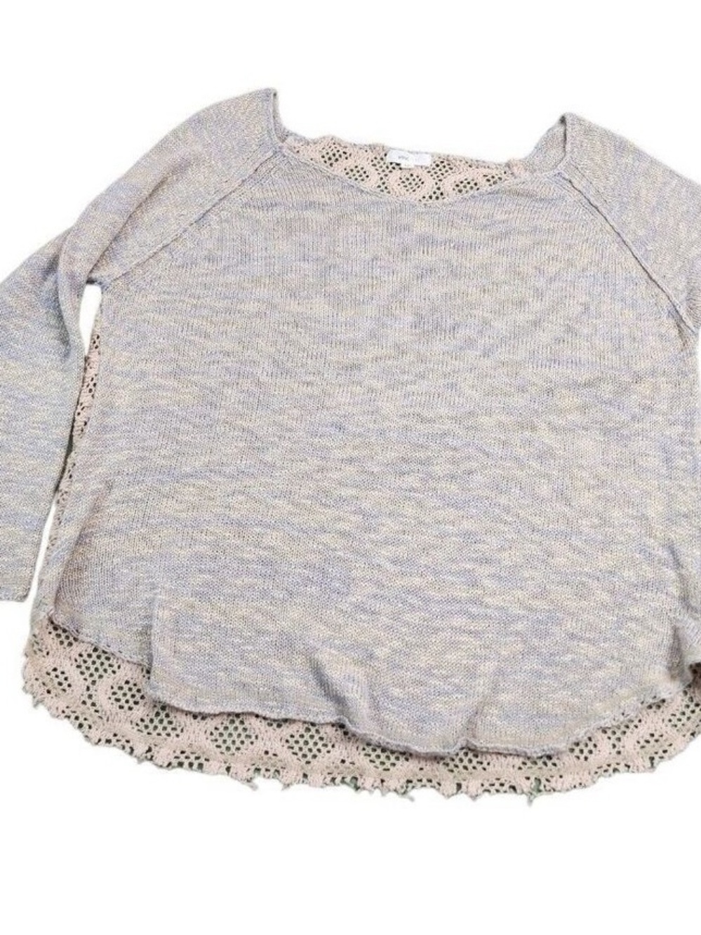 Women's Light Heather Gray Knit Sweater with Crochet Trim
